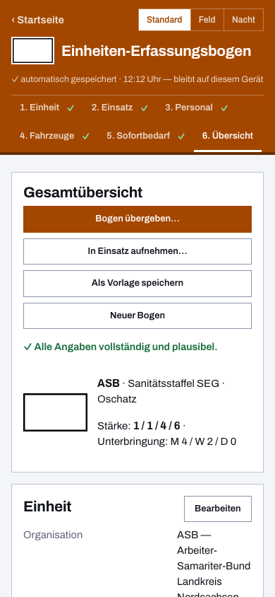 ASB-Erfassungsbogen auf dem Smartphone: Sanitätsstaffel einer Schnelleinsatzgruppe (Landkreis Nordsachsen) in der Gesamtübersicht der App.