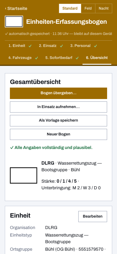 DLRG-Erfassungsbogen digital auf dem Smartphone: ausgefüllter Bogen der Bootsgruppe eines Wasserrettungszugs mit Stärke 0/1/4/5 in der Gesamtübersicht.