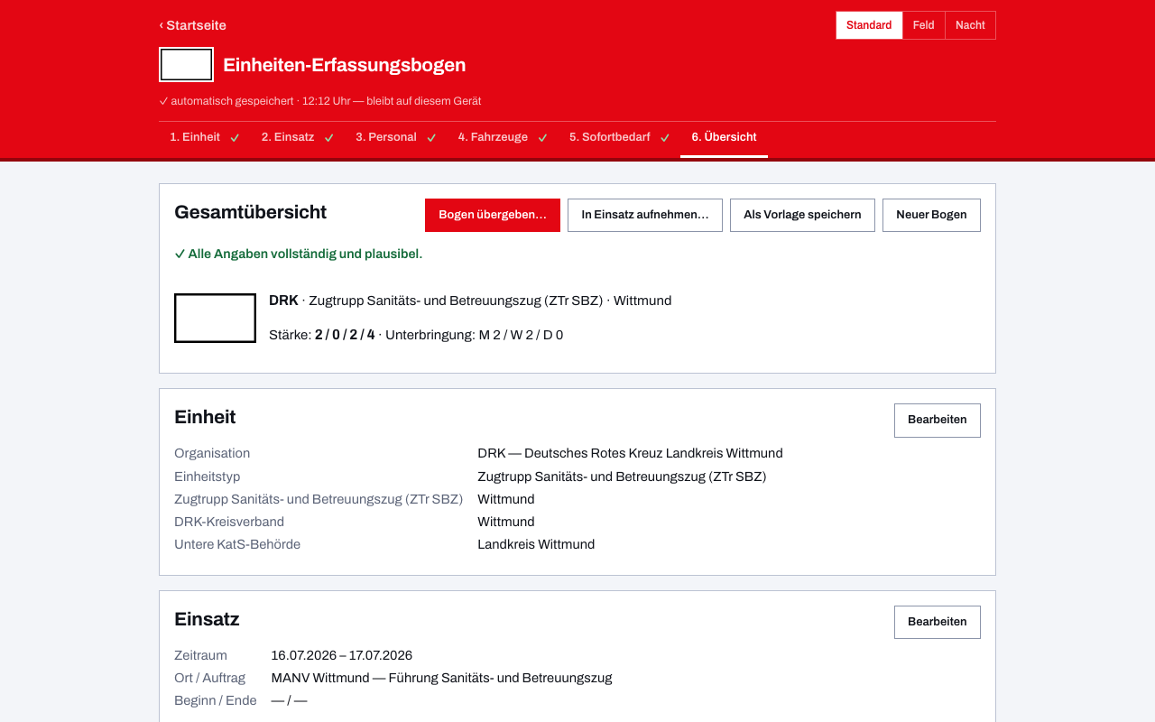 Digitaler Einheiten-Erfassungsbogen des DRK: Zugtrupp Sanitäts- und Betreuungszug (Landkreis Wittmund) mit Stärke 2/0/2/4 in der Gesamtübersicht der App.