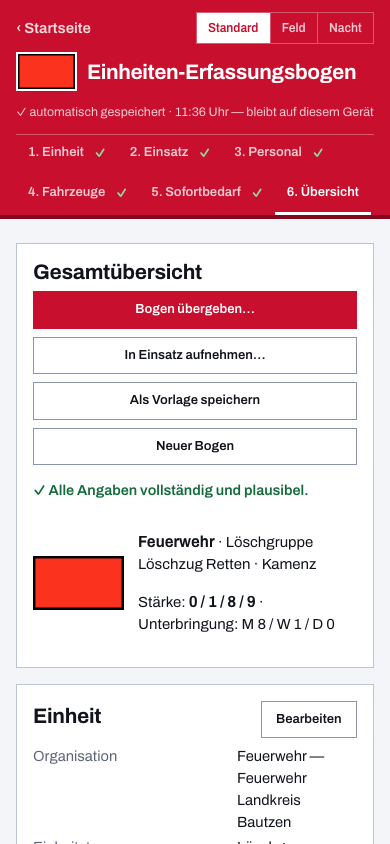 Feuerwehr-Erfassungsbogen digital auf dem Smartphone: ausgefüllter Bogen einer Löschgruppe mit Stärke 0/1/8/9 und Übergabe-Aktionen in der Gesamtübersicht.