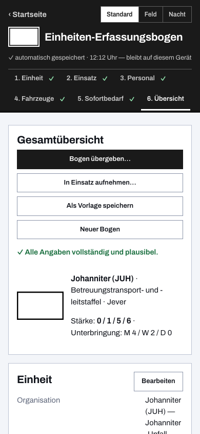 Erfassungsbogen der Johanniter auf dem Smartphone: Betreuungstransport- und -leitstaffel (Landkreis Friesland) in der Gesamtübersicht der App.