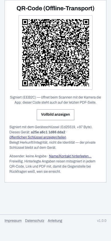 QR-Code-Übergabe eines Erfassungsbogens: die App zeigt den signierten QR-Code für den Offline-Transport, den die Gegenstelle direkt vom Bildschirm scannt.