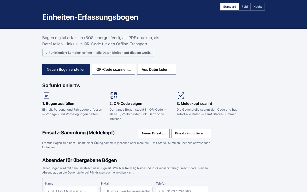 Startseite des Einheiten-Erfassungsbogens: die Schaltflächen „Neuen Bogen erstellen“, „QR-Code scannen“ und „Aus Datei laden“ sowie die Einsatz-Sammlung für den Meldekopf.
