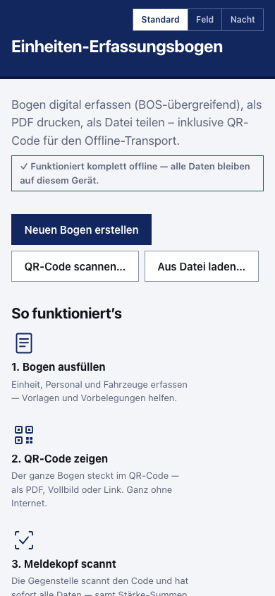 Der Einheiten-Erfassungsbogen auf dem Telefon: dieselbe Startseite im schmalen Layout, mit „Neuen Bogen erstellen“ und „QR-Code scannen“ untereinander.